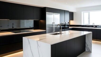 Sleek Modern Kitchen with Island and Black Cabinetry Interior Design