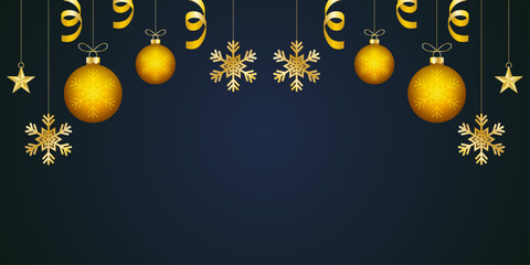 Obraz premium Banner festivo de navidad con esferas y copos de nieve dorados colgando sobre fondo azul profundo