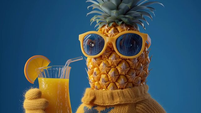 A cartoon pineapple is holding a glass of orange juice and wearing sunglasses. The image has a playful and lighthearted mood, as the pineapple is dressed up and enjoying a refreshing drink
