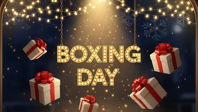 Boxing day sale celebration with gift boxes and festive lights - Powered by Adobe