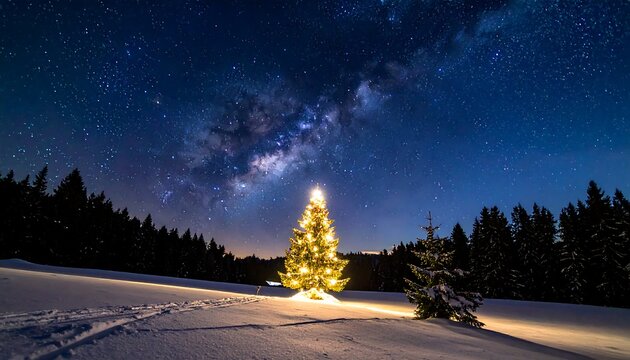 Wintery landscape featuring a lit Christmas tree under a starry sky with Milky Way galaxy visible - Powered by Adobe
