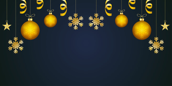 Banner festivo de navidad con esferas y copos de nieve dorados colgando sobre fondo azul profundo