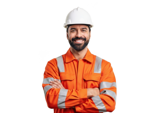 A smiling construction worker wearing a white hard hat and orange safety uniform with reflective stripes isolated on transparent background