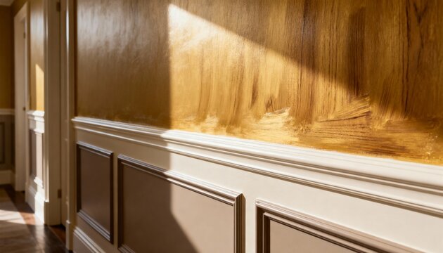 Medium frame capturing coordinated chair rail molding painting with harmonious hues enhancing texture and depth along a pristine hallway wall.