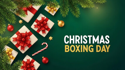 Christmas boxing day sale with gifts and ornaments on green background