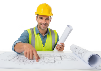 Construction worker in yellow hard hat and safety vest reviewing blueprints and plans isolated on transparent background