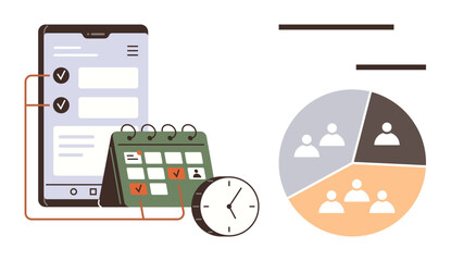 Smartphone with checklist, calendar with marked dates, clock, and segmented pie chart representing teamwork. Ideal for planning, productivity, organization, time management, collaboration
