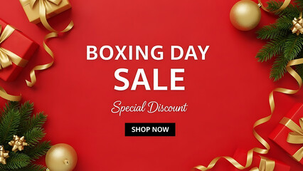 Boxing day sale with gifts and christmas decorations on red background