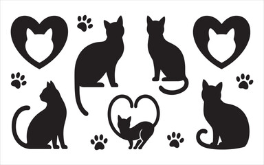 Cat silhouettes with paw prints and hearts, graphic design elements