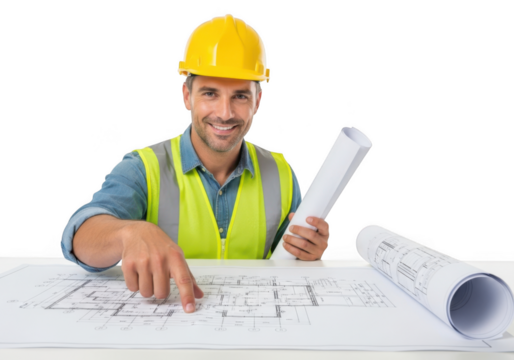 Construction worker in yellow hard hat and safety vest reviewing blueprints and plans isolated on transparent background