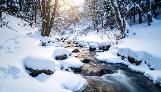 Wintry stream flows through a snow-laden forest, sun shining in the distance; the scene is serene and untouched