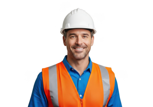 Smiling construction worker wearing a white hard hat and high visibility orange safety vest isolated on transparent background