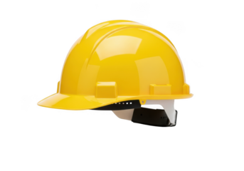 Bright yellow construction safety hard hat for personal protective equipment and workplace hazard prevention isolated on transparent background