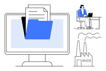 File management concept. Centralized file systems link efficiency in industries to remote workflows. File management supports data organization across business, industrial, and remote settings. Great