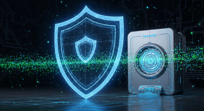 Digital image of a shield and device with glowing elements, suggesting security and digital protection, conceptual for cybersecurity or data safety