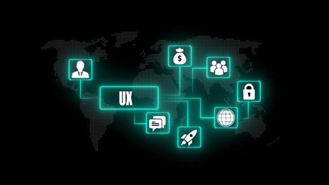 U X user experience design process flowchart icons connecting to global network and business growth concepts on digital world map background.4K