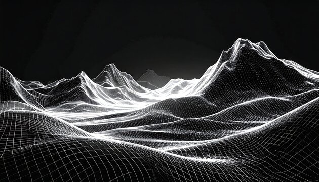 Wireframe landscape with peaks and valleys, illuminated in white against a dark background. Abstract and digital