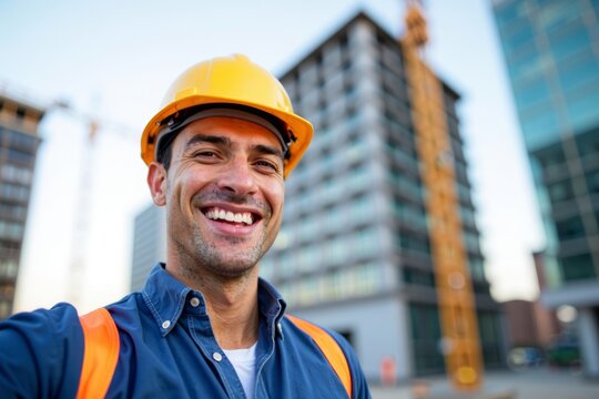 Construction Worker Capturing Selfie with Jobsite in Background.