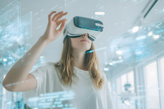 Young man explores virtual reality in a modern indoor space while wearing a VR headset - Powered by Adobe