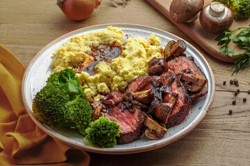 Sliced Medium Rare Steak with Mashed Potatoes and Broccoli