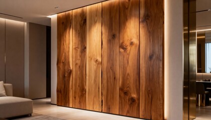 Fototapeta premium Installing polished reclaimed wood planks in a modern interior showcasing smooth surfaces and refined finishes that enhance the elegance of the feature wall.