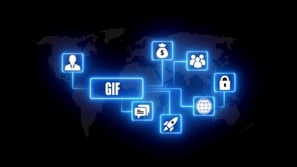 Global network connections digital infographic with icons for business finance communication security and growth on a world map background with glowing neon lines.4K - Powered by Adobe