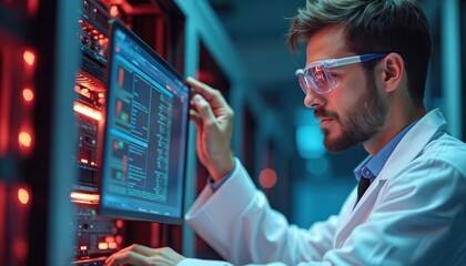Bearded male tech specialist wearing safety glasses, lab coat works in high-tech server room. Intently examines diagnostics software on computer screen, monitoring complex data. Engineer