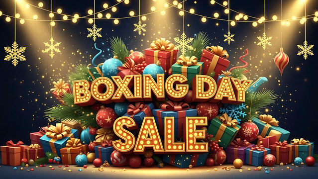 Boxing day sale with festive christmas tree and gifts