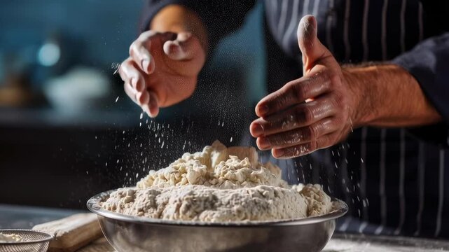 A man is making bread and is covered in flour. Concept of hard work and dedication to the task at hand