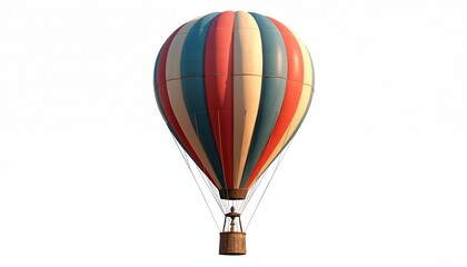 Fototapeta premium Bright colorful hot air balloon floats high in clear white sky. Red blue cream stripes cover large fabric envelope. Detailed wicker basket, ropes show intricate structure. Design represents travel,