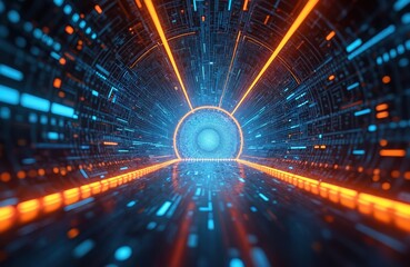 Abstract futuristic tech tunnel. Digital high tech design with light and data flow. Concept of innovation network and modern tech. Represents communication and internet