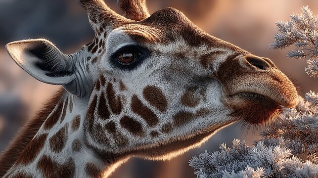 Giraffe reaching for acacia leaves blurred background illustrator