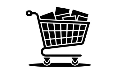 Illustration of a shopping cart filled with rectangular boxes in black and white