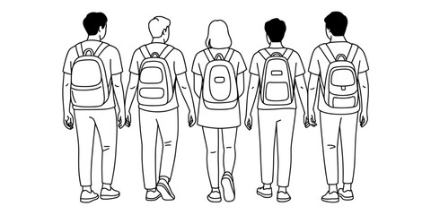 Rear view of five people wearing backpacks standing in a row with simple line art style