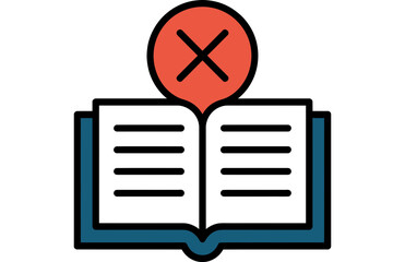 Illustration of an open book with horizontal lines and a red x mark above it centered