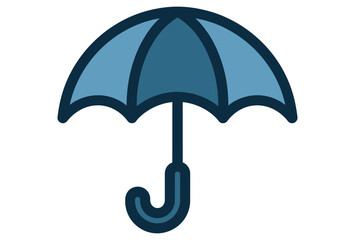 Illustration of a blue umbrella with a curved handle on a white plain background