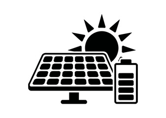 Illustration of a solar panel with a battery and a sun in a black and white design