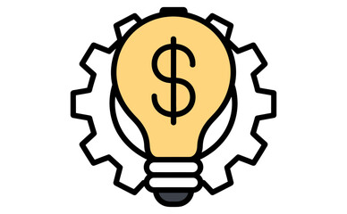 A light bulb with a dollar sign inside it is placed in front of a gear wheel object