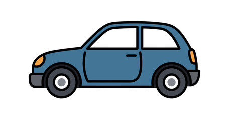 Illustration of a blue compact car with black outlines on a white background view