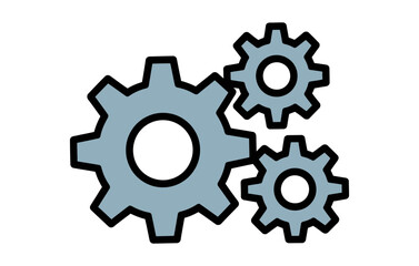 Illustration of three light gray gears with black outlines arranged together on white