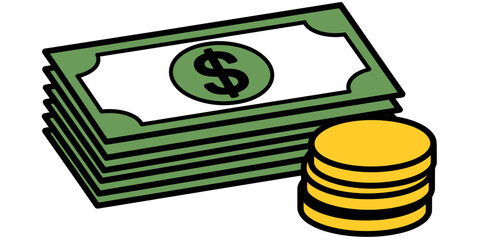 Illustration of a stack of green dollar bills and a stack of gold coins next to it