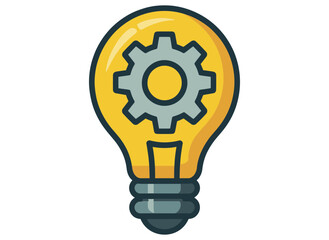 Illustration of a yellow light bulb with a gray gear inside it on a white background