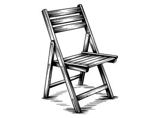 Illustration of a wooden folding chair with a slatted back and seat in black and white
