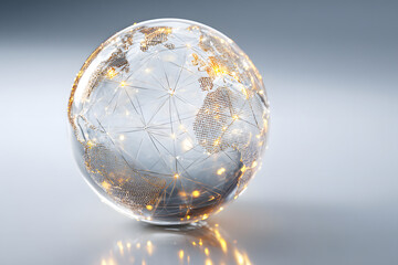 Global network visualization showing connections and data flow in a transparent globe at sunset