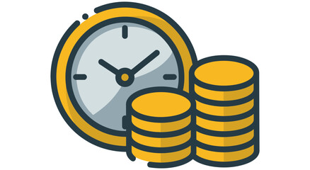 Illustration of a clock with hands indicating the time next to stacks of golden coins