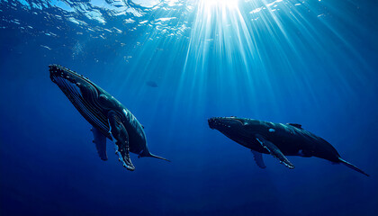 Nature background wirh two humpback whales swimming in deep ocean, dark blue background