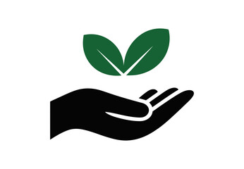 A stylized black hand is holding two green leaves on a white background design art