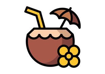 Illustration of a coconut cocktail with a straw, umbrella, and a yellow flower design