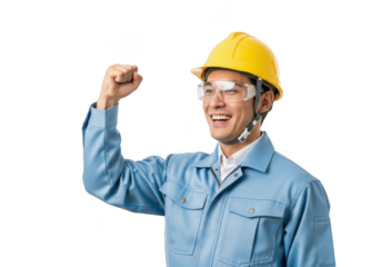 Joyful construction worker wearing a yellow hard hat and safety glasses celebrating success with a raised fist isolated on transparent background