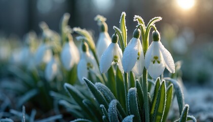 Fototapeta premium White snowdrop flowers covered in frost sparkle in early morning sun near garden fence. Delicate white blossoms emerge from green leaves, signaling arrival of spring after cold winter.